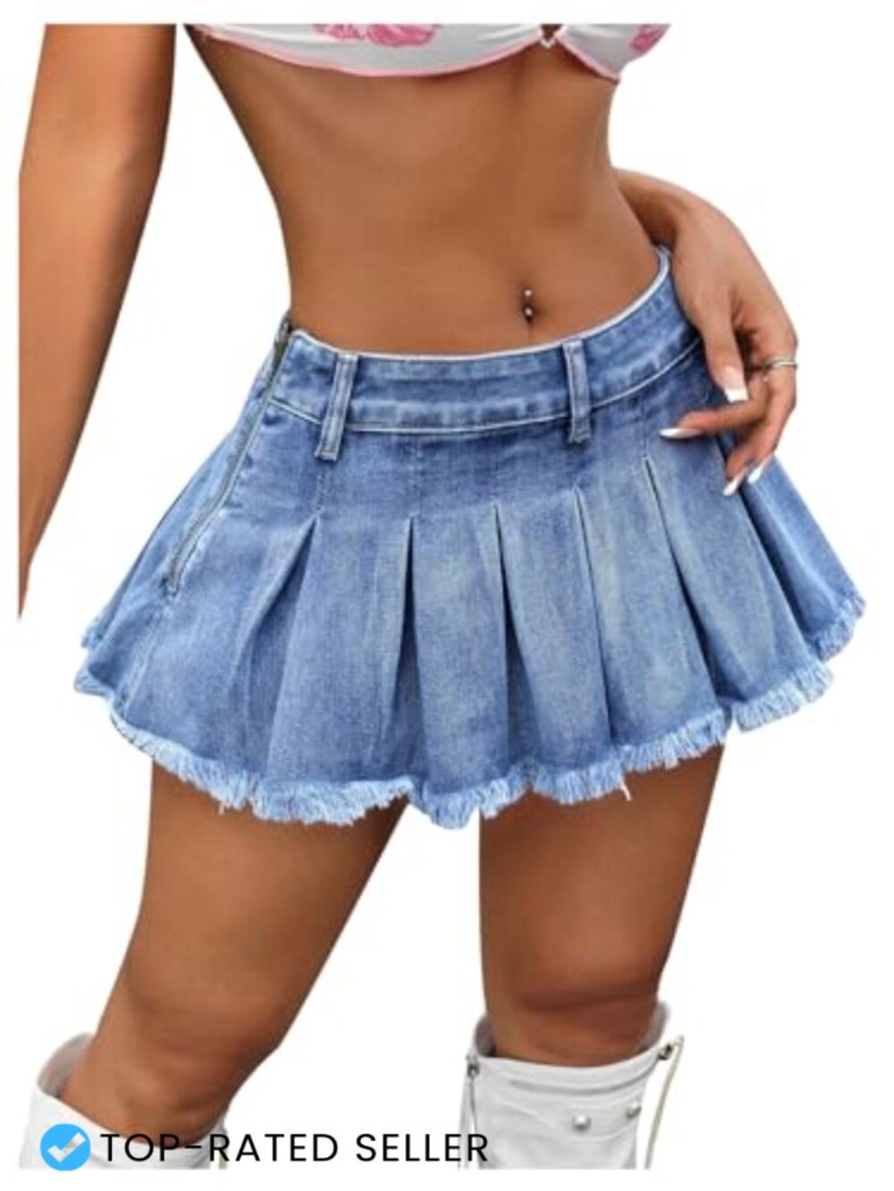 Women's Y2K Low Waist Pleated Denim Mini Skirt Zipper Raw Hem Jean Skirt